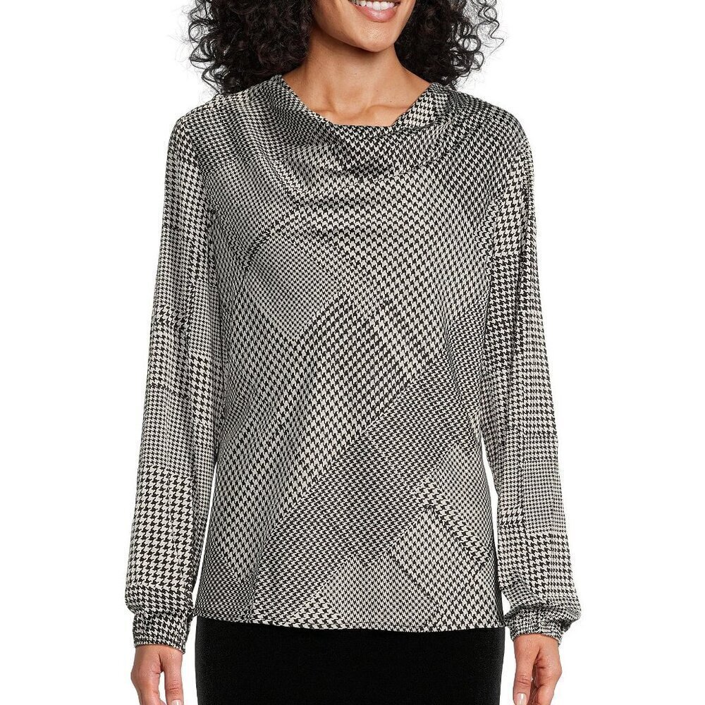 Kasper Houndstooth Top Women's Plus Size 1X Black White Long Sleeve Cowl Neck